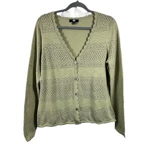 FRYE Scalloped Pointelle Cardigan L Sage Green Cotton Grandmacore Cottagecore